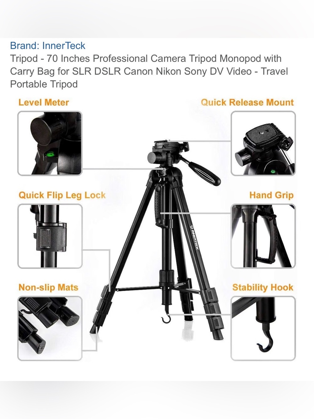 InnerTeck Black Camera Tripod with Adjustable Center Column & Flip-Lock Legs